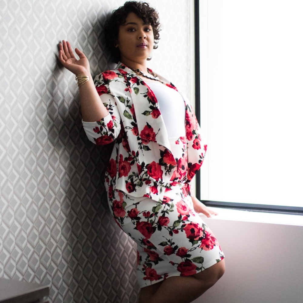 Plus size Draped Neck Floral Print Blazer